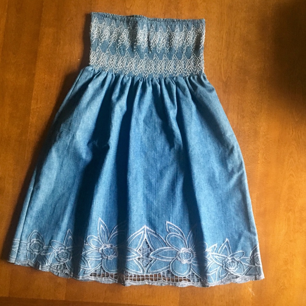 Strapless Embroidered Denim Dress